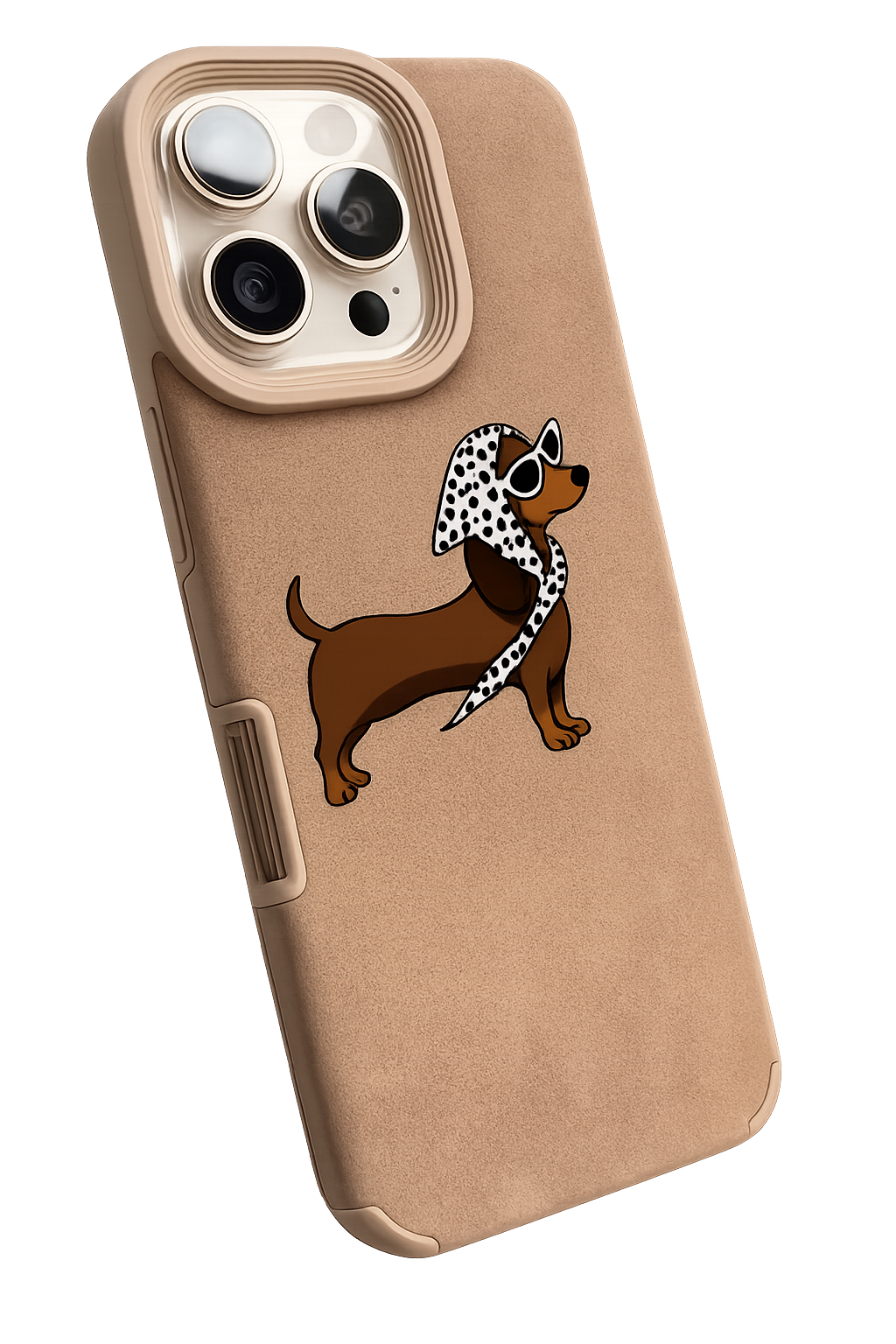 Phone case with a cartoon dog design on a beige background
