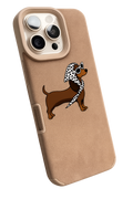 Phone case with a cartoon dog design on a beige background