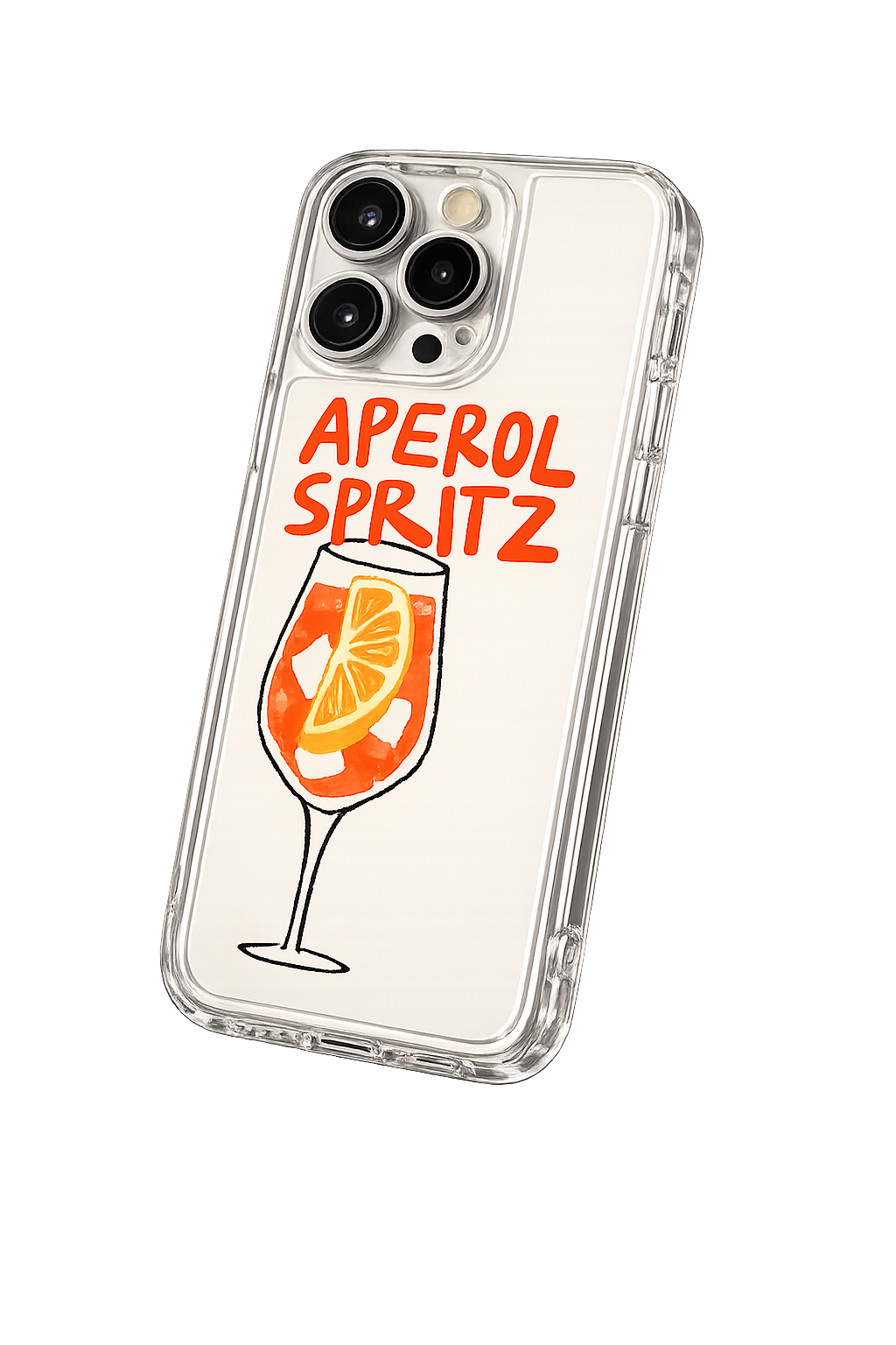 Phone case with 'Aperol Spritz' text and glass illustration on a white background
