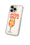 Phone case with 'Aperol Spritz' text and glass illustration on a white background