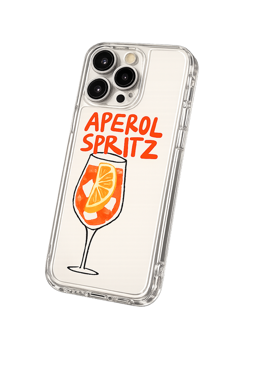 Phone case with 'Aperol Spritz' text and glass illustration on a white background