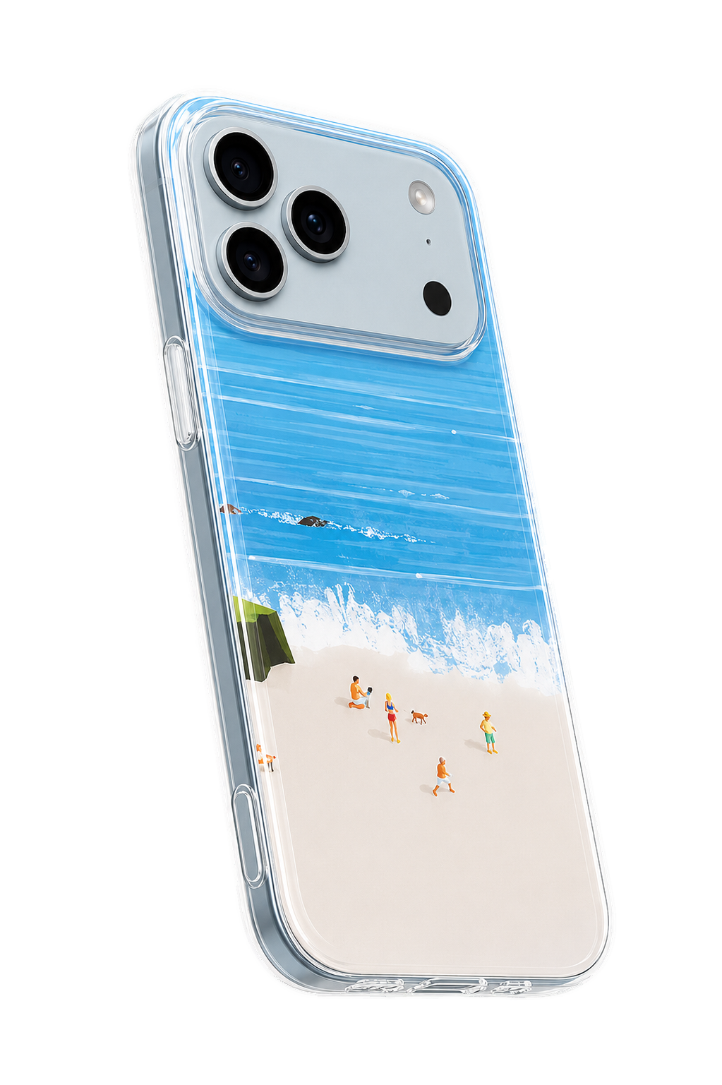 Phone case with beach scene design on a white background