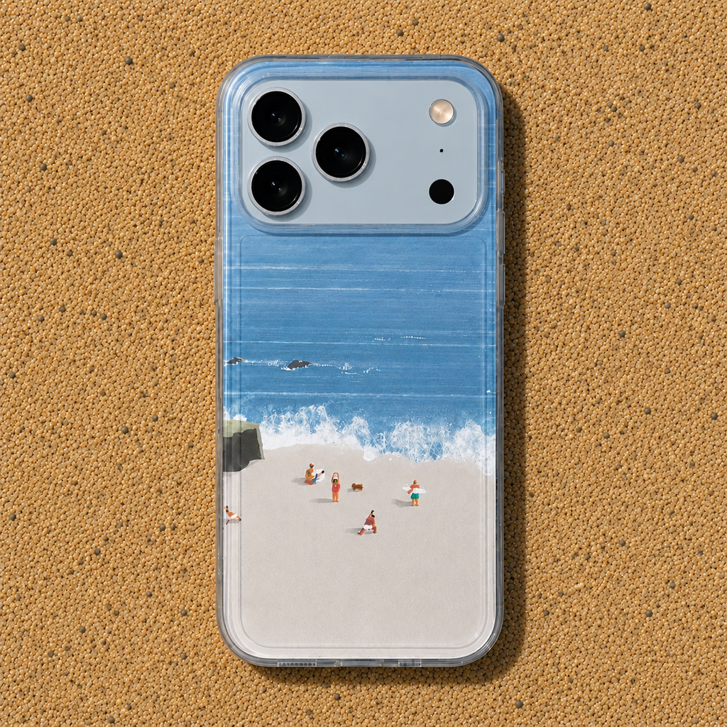 Phone case with beach design on a sandy background