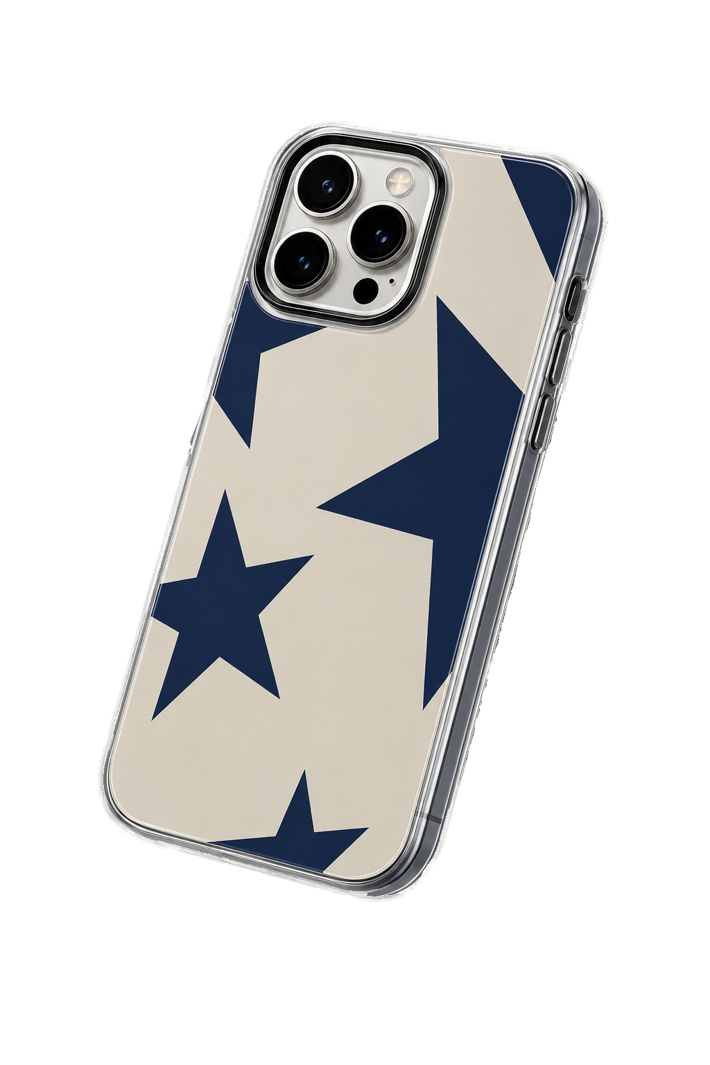 Phone case with blue star pattern on a beige background
