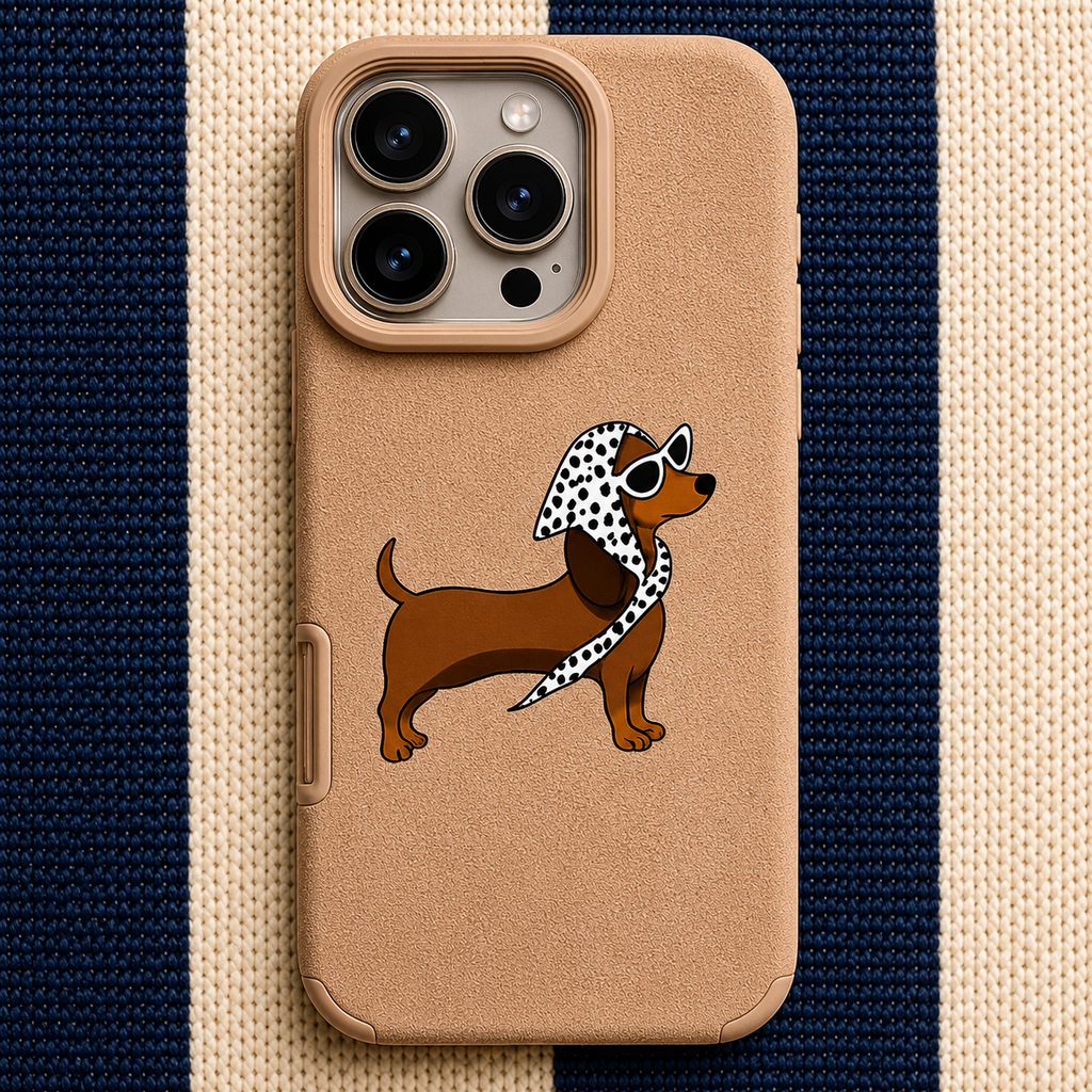 Phone case with a dachshund design wearing sunglasses and a bandana on a striped fabric background