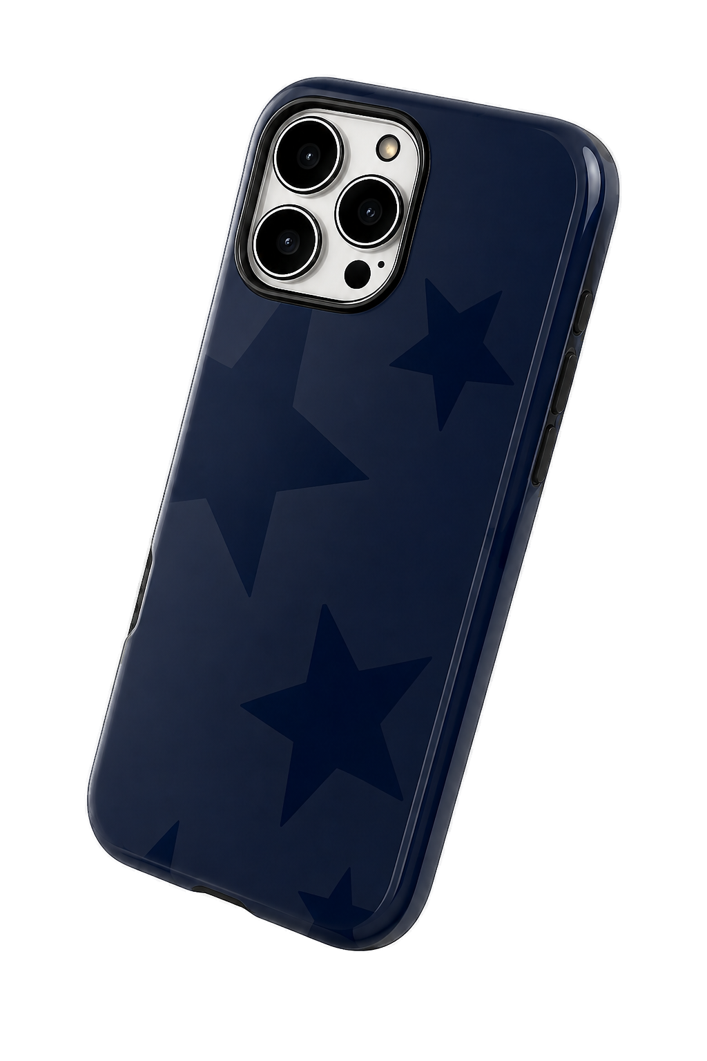 Navy blue phone case with star patterns on a white background